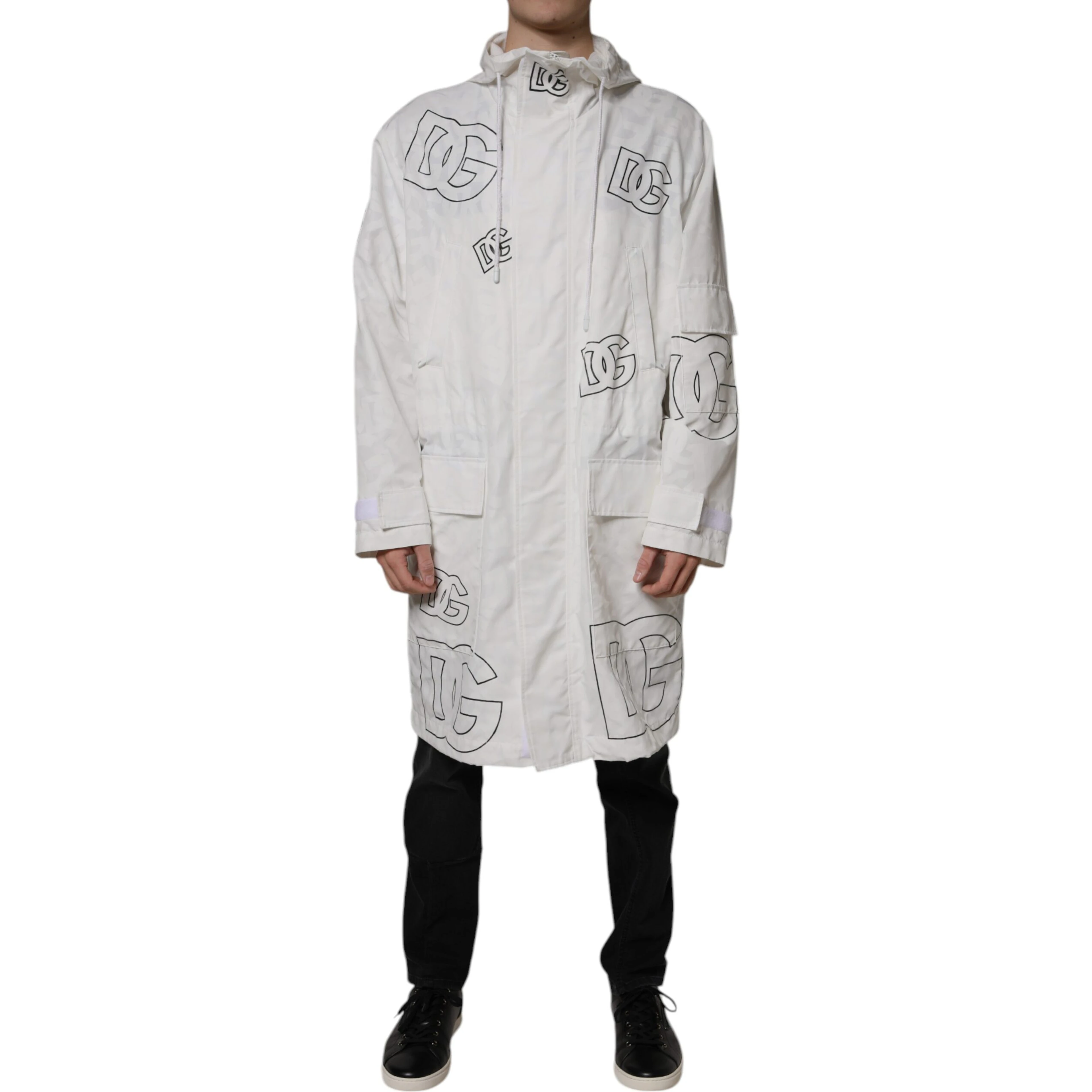 White Hooded Parka Polyester Trench Coat Jacket