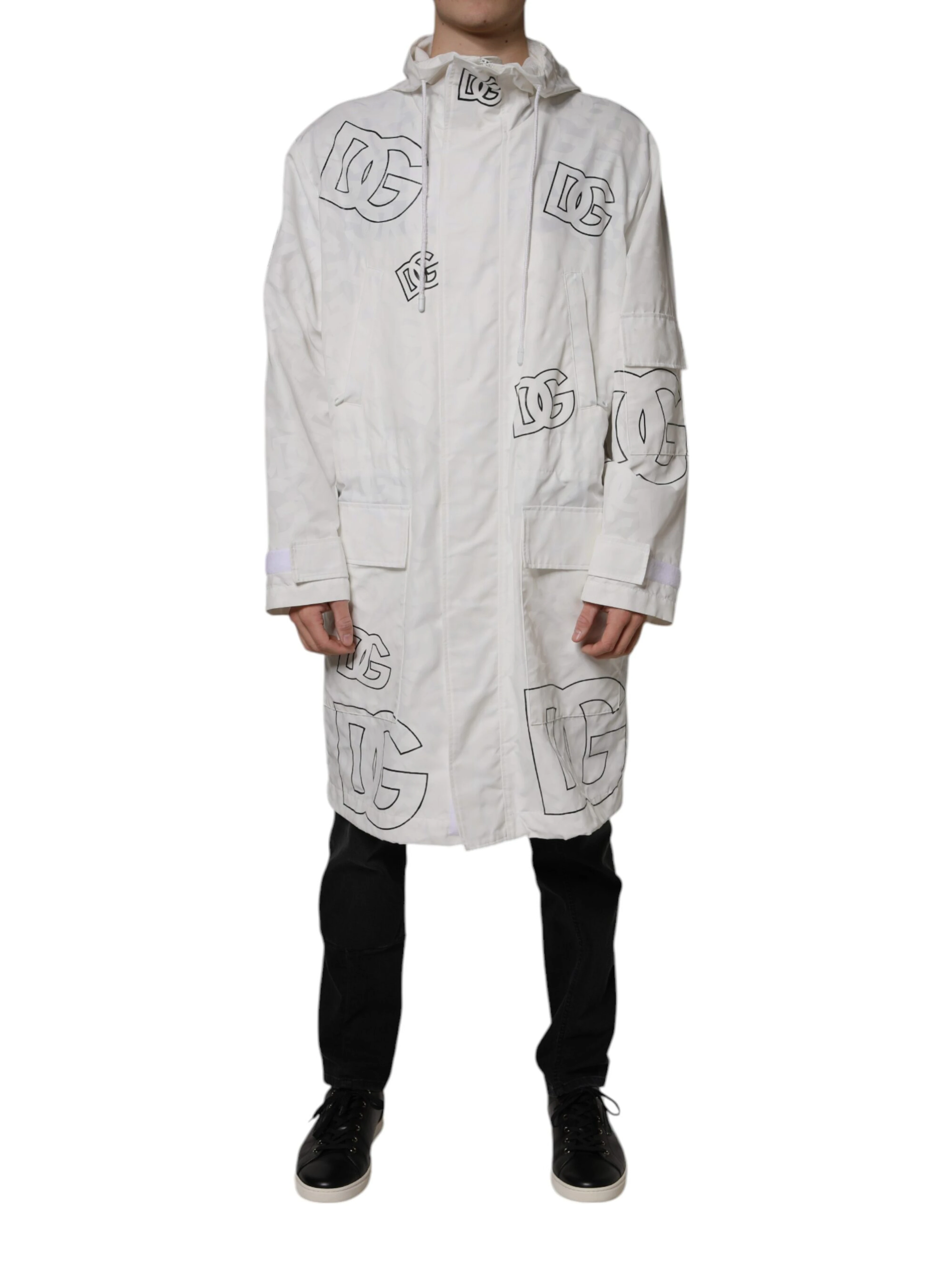 White Hooded Parka Polyester Trench Coat Jacket