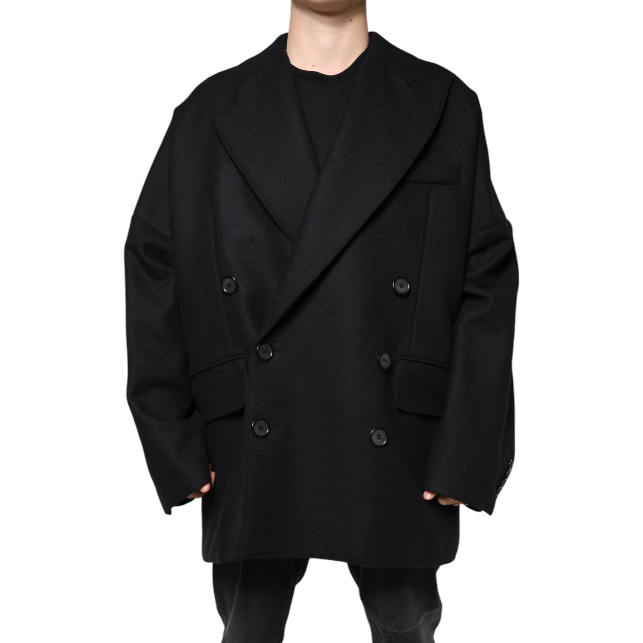 Black Wool Double Breasted Men Coat Jacket