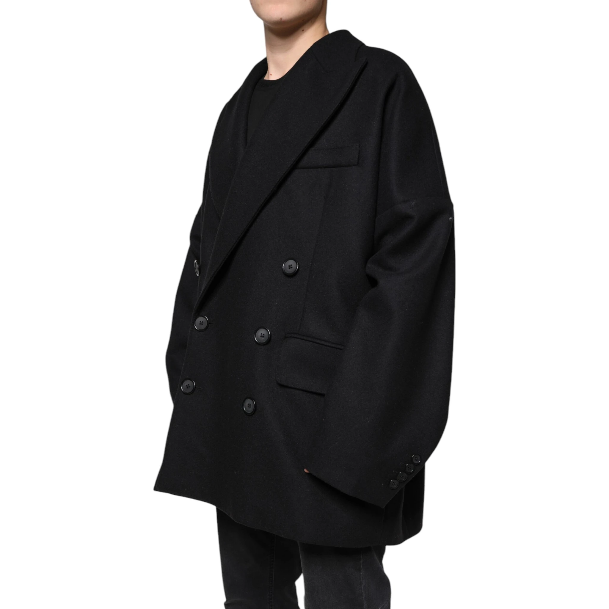 Black Wool Double Breasted Men Coat Jacket