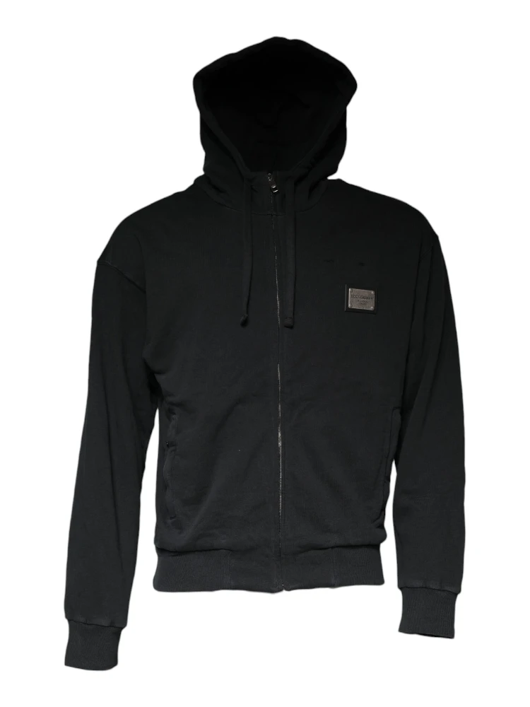 Black Logo Plaque Hooded Full Zip Sweater