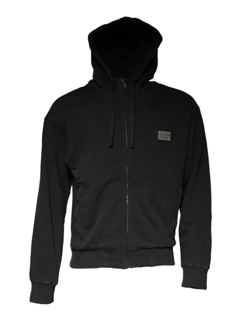 Black Logo Plaque Hooded Full Zip Sweater