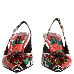 Multicolor Leather Crystal Heels Slingback Shoes
