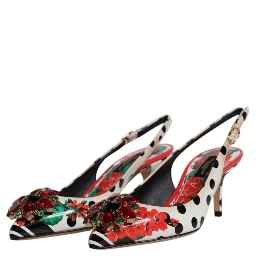 Multicolor Leather Crystal Heels Slingback Shoes