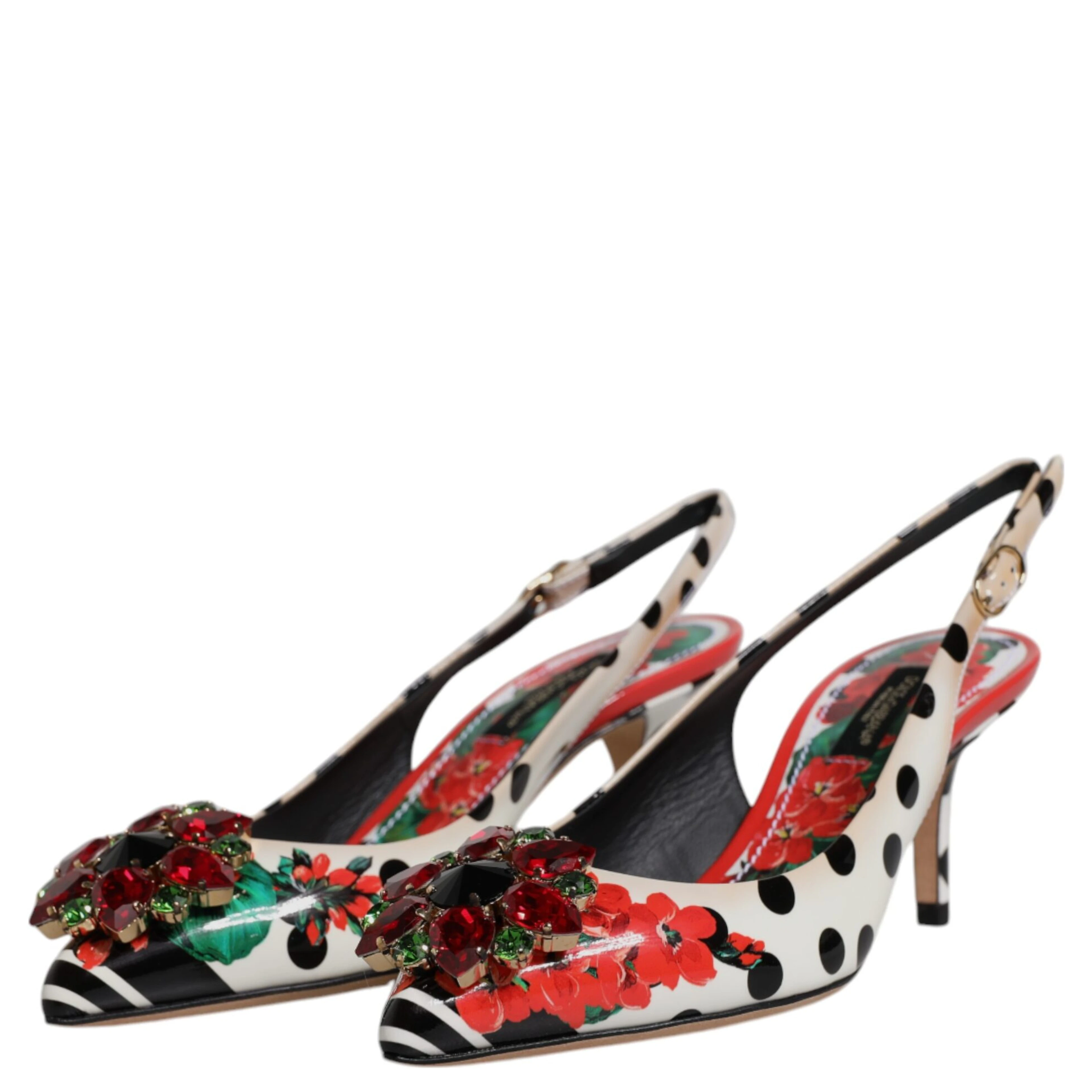 Multicolor Leather Crystal Heels Slingback Shoes