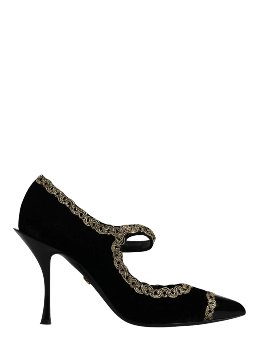 Black Velvet Gold Mary Janes Pumps Shoes
