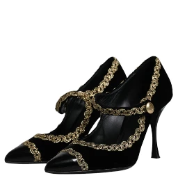 Black Velvet Gold Mary Janes Pumps Shoes