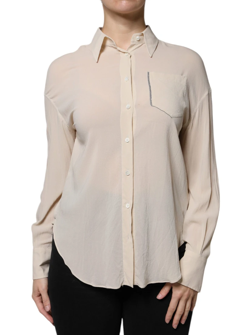 Beige Silk Blend Collared Button Down Top