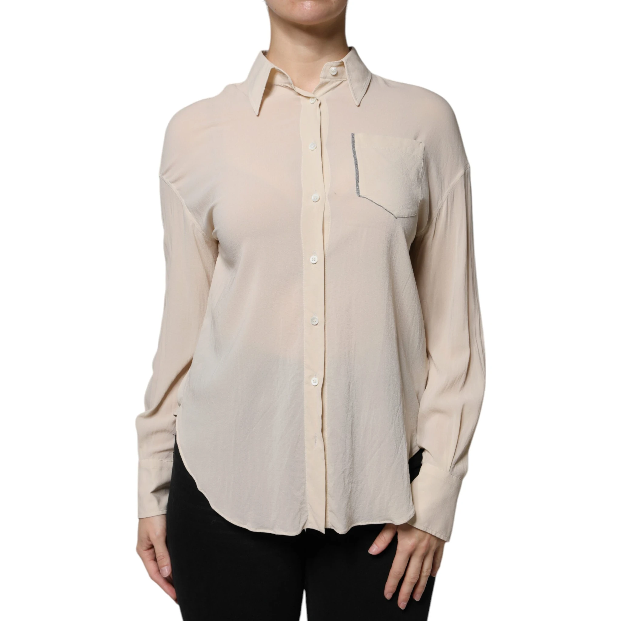 Beige Silk Blend Collared Button Down Top
