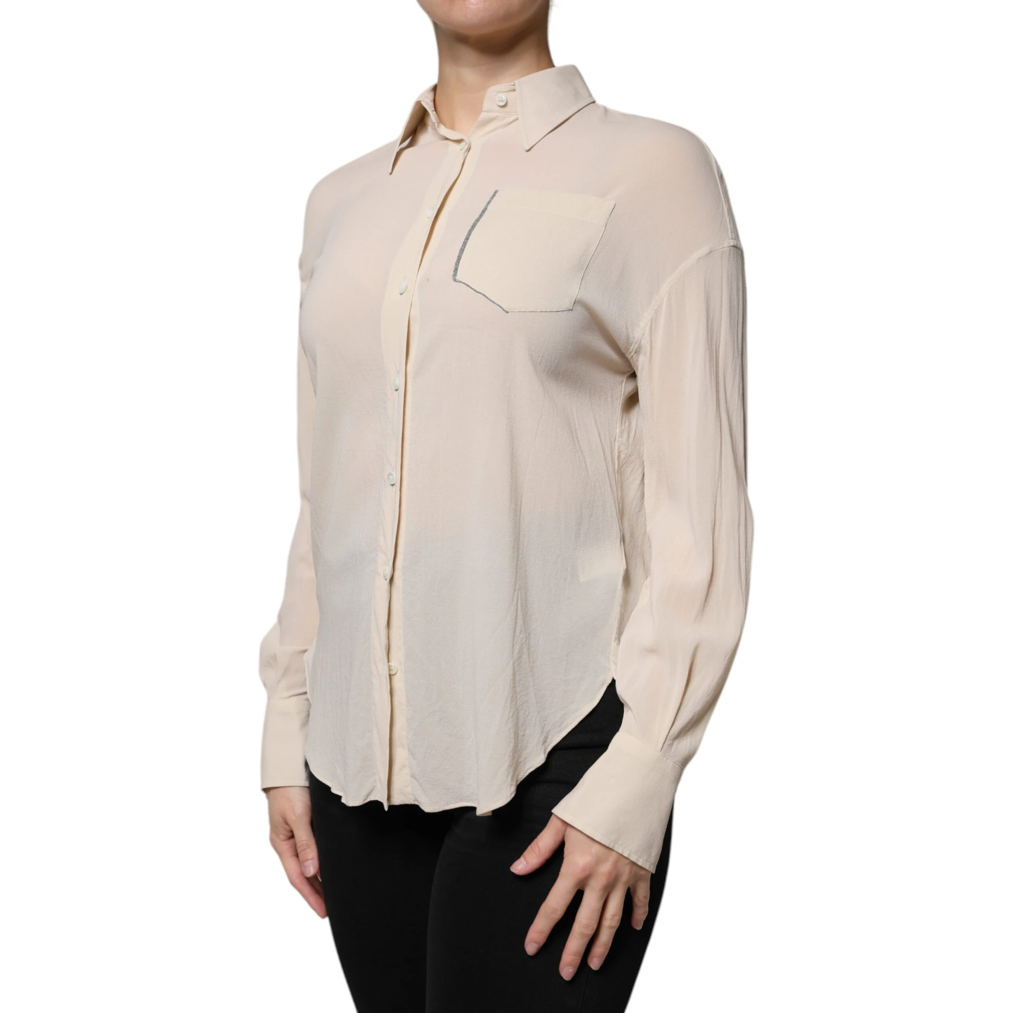 Beige Silk Blend Collared Button Down Top