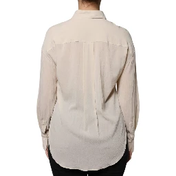 Beige Silk Blend Collared Button Down Top