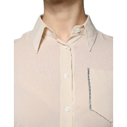Beige Silk Blend Collared Button Down Top