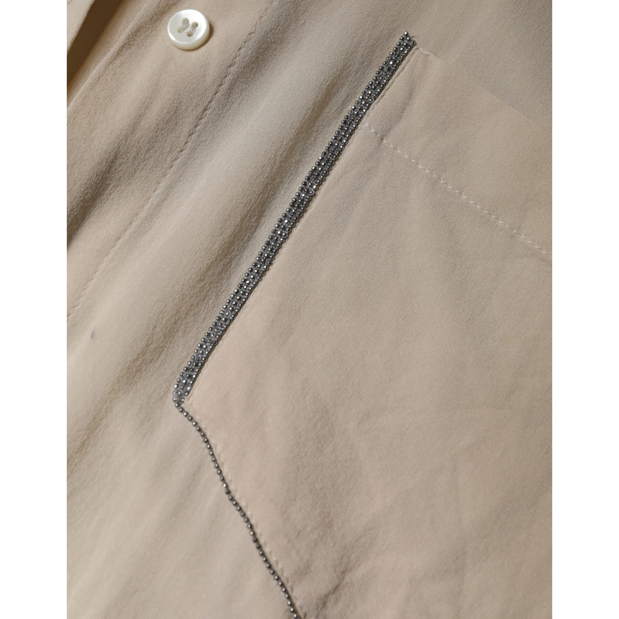 Beige Silk Blend Collared Button Down Top