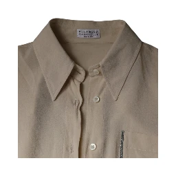 Beige Silk Blend Collared Button Down Top