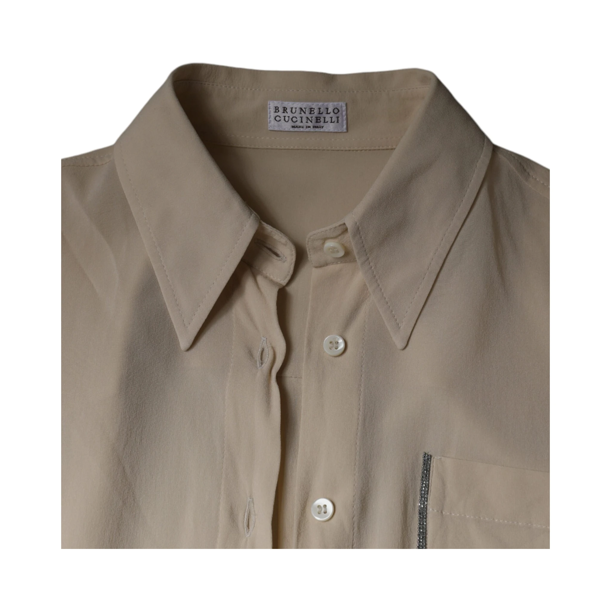 Beige Silk Blend Collared Button Down Top