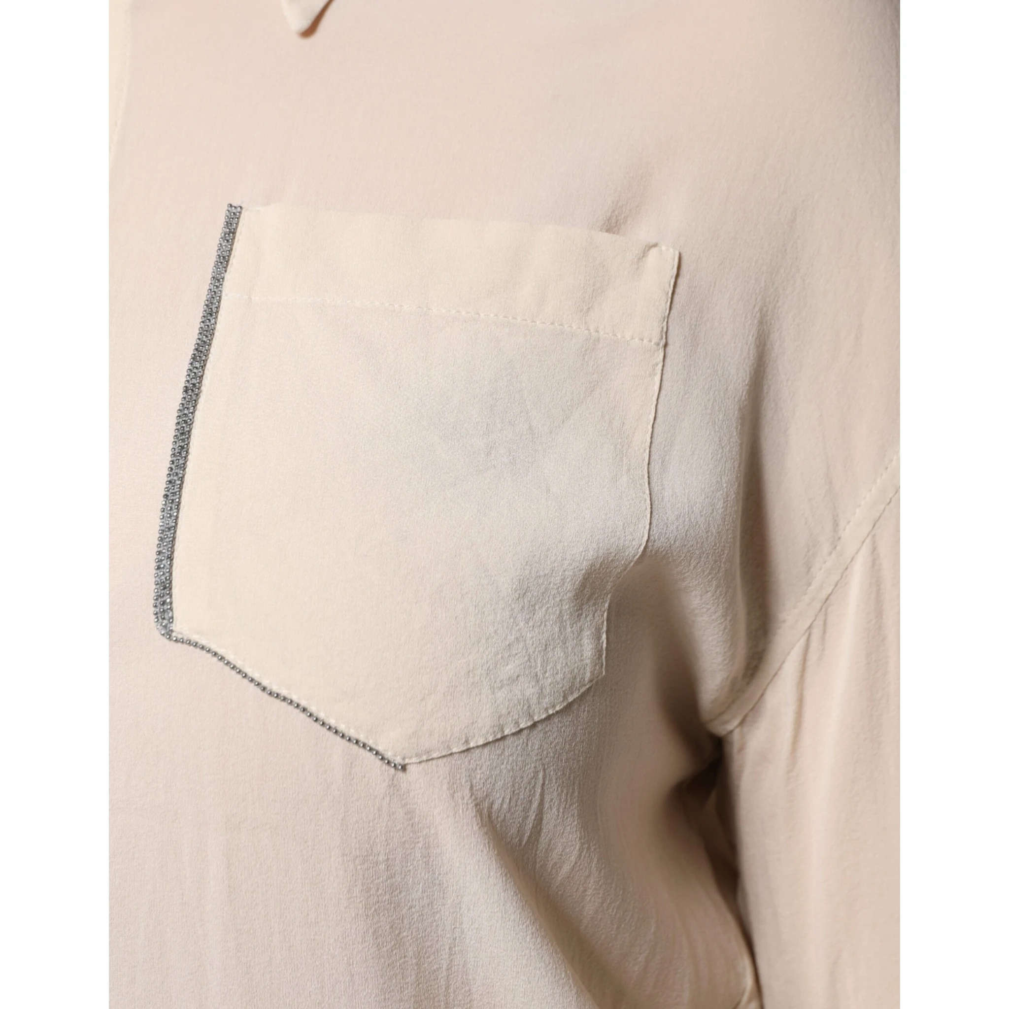 Beige Silk Blend Collared Button Down Top