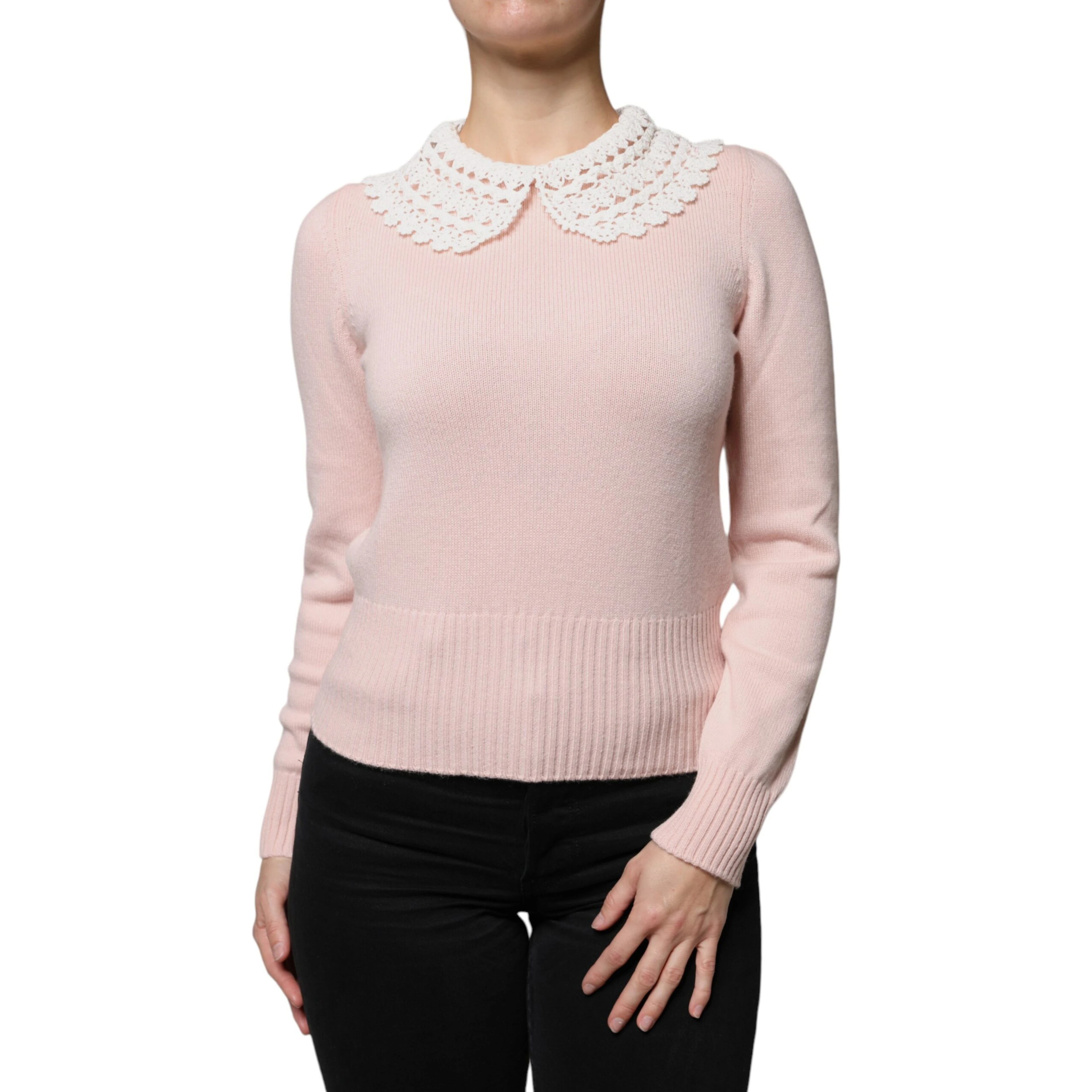 Pink Cashmere Collar Knitted Long Sleeves Top