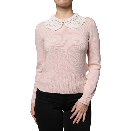 Pink Cashmere Collar Knitted Long Sleeves Top