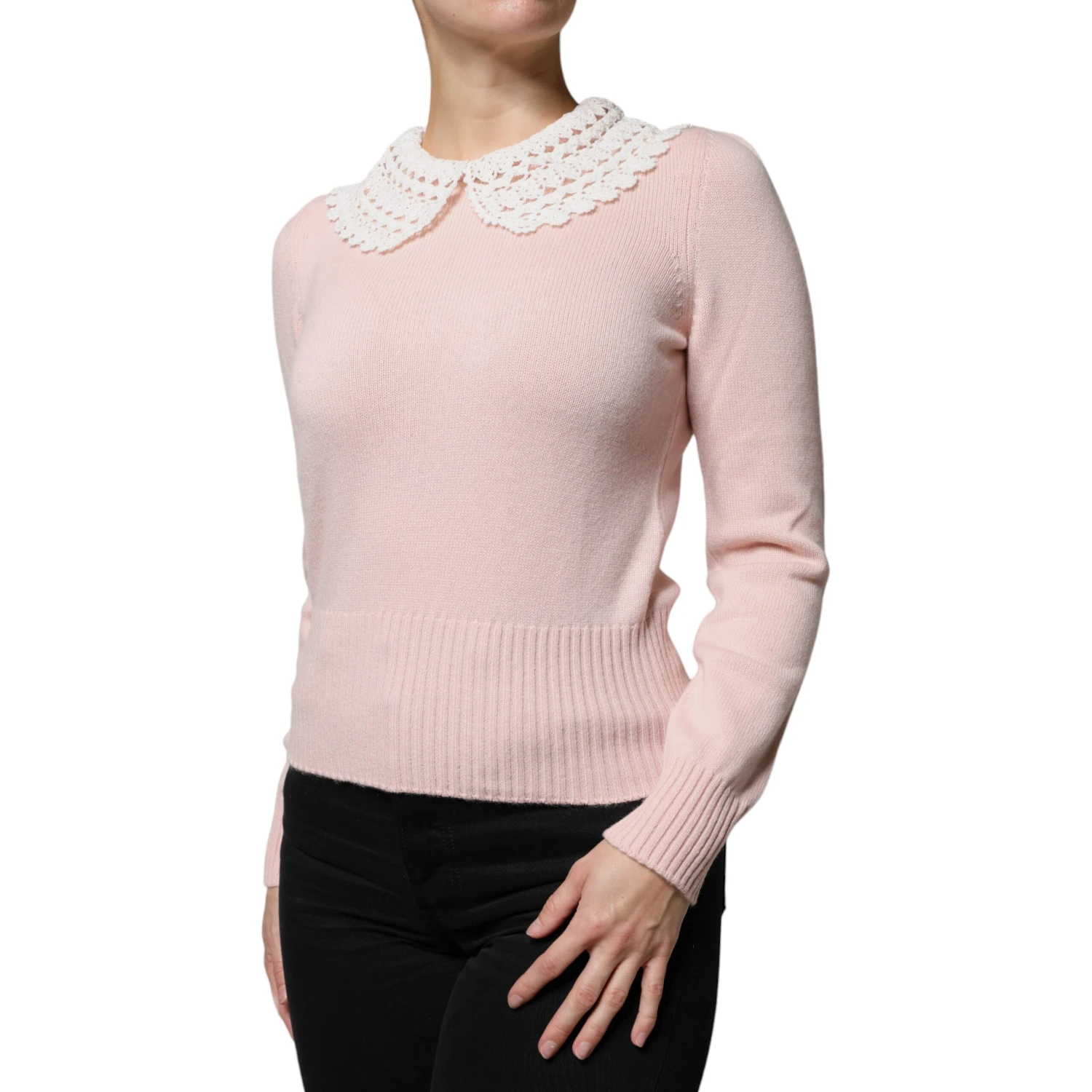 Pink Cashmere Collar Knitted Long Sleeves Top