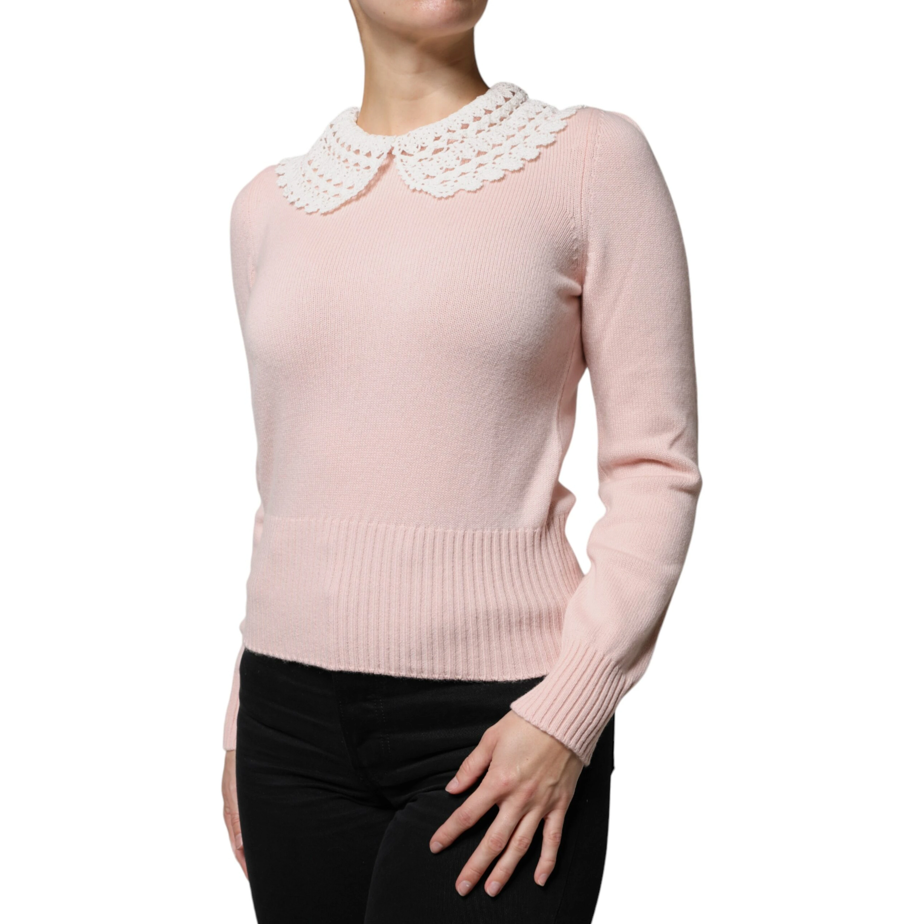 Pink Cashmere Collar Knitted Long Sleeves Top