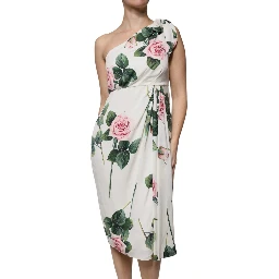 White Floral Silk One Shoulder Midi Dress