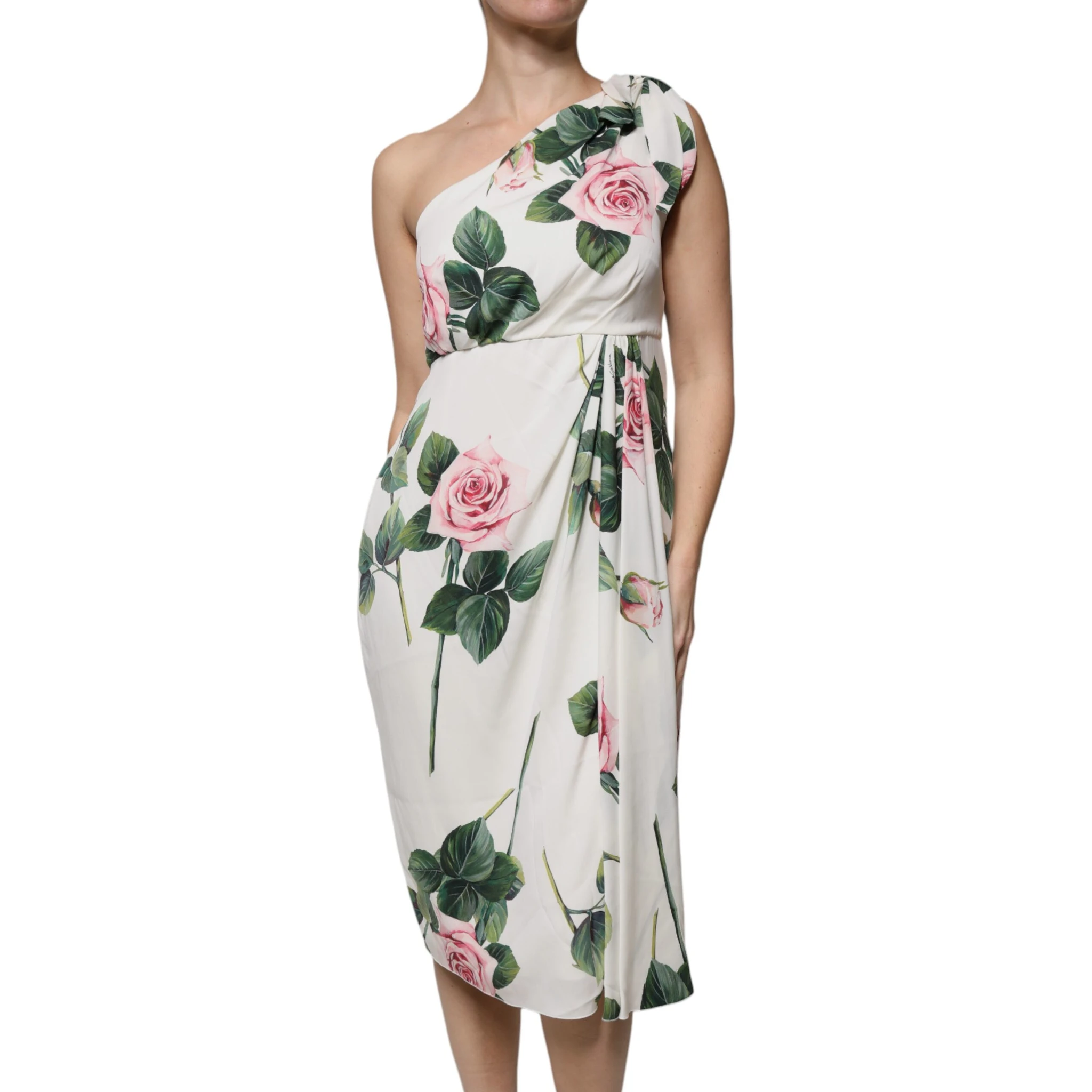 White Floral Silk One Shoulder Midi Dress