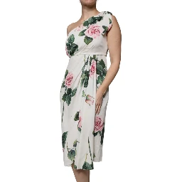 White Floral Silk One Shoulder Midi Dress