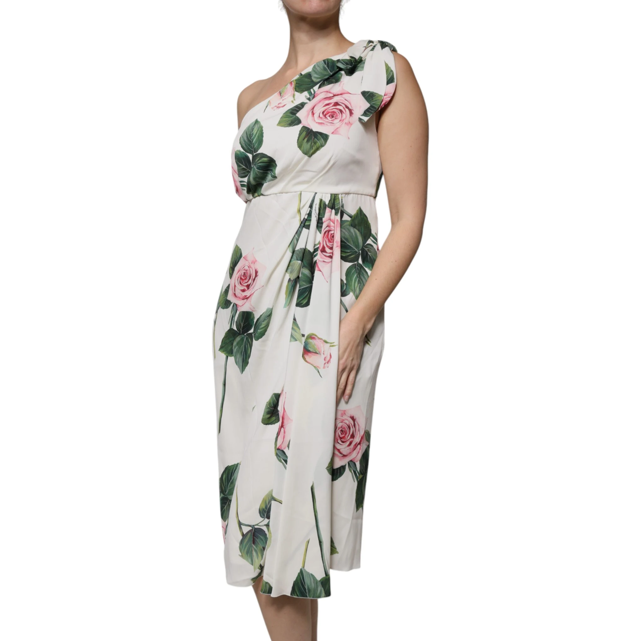 White Floral Silk One Shoulder Midi Dress
