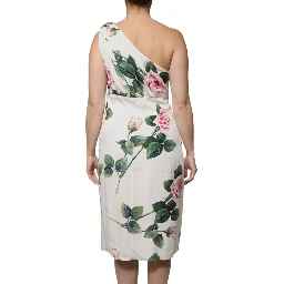 White Floral Silk One Shoulder Midi Dress