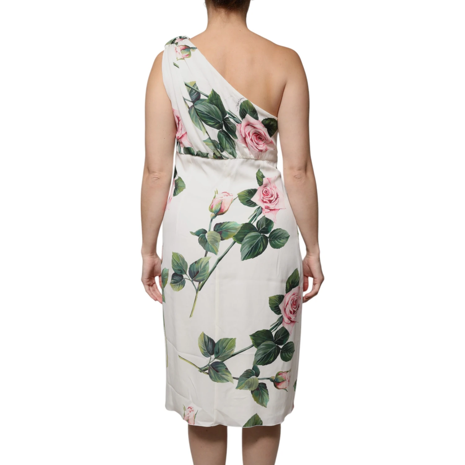 White Floral Silk One Shoulder Midi Dress