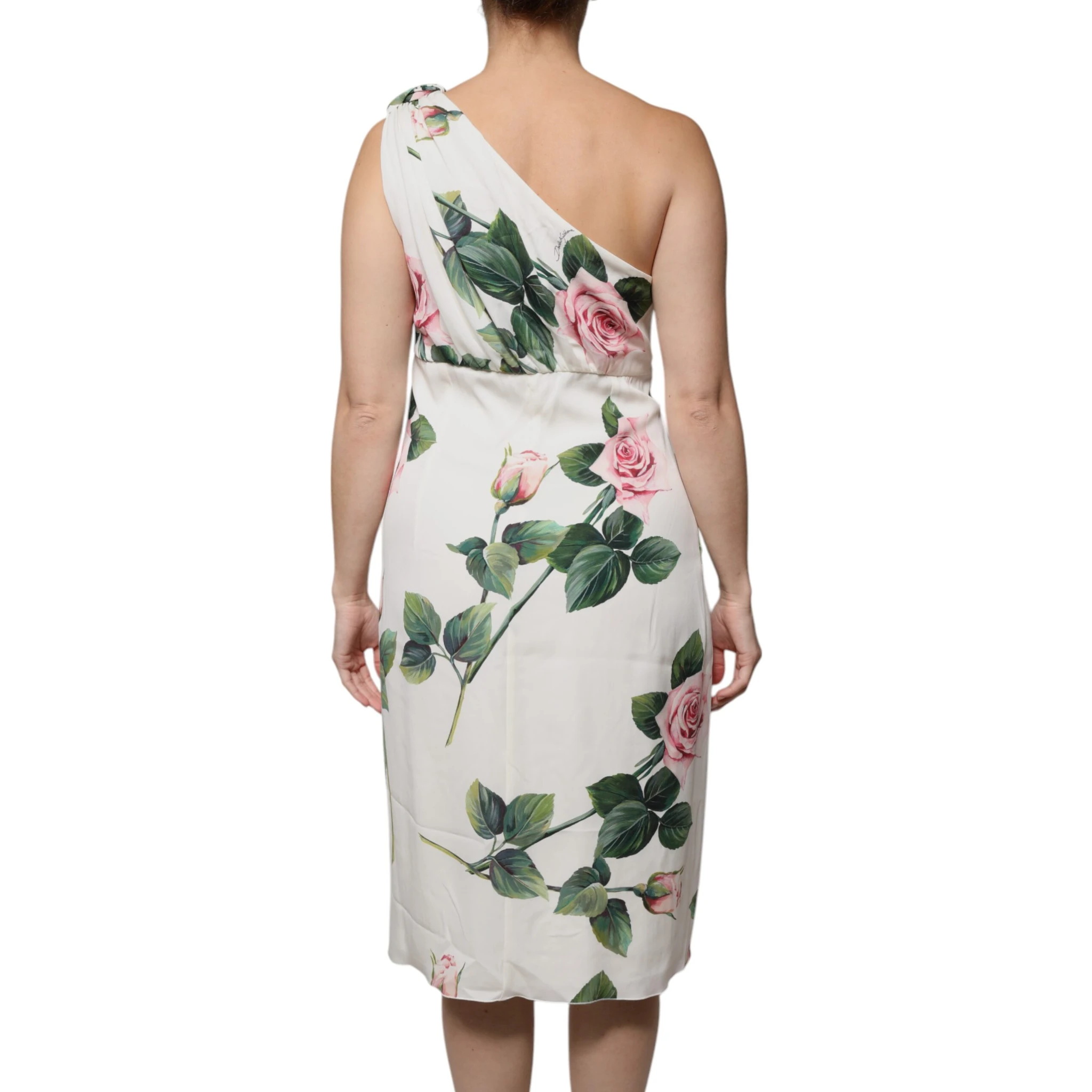 White Floral Silk One Shoulder Midi Dress