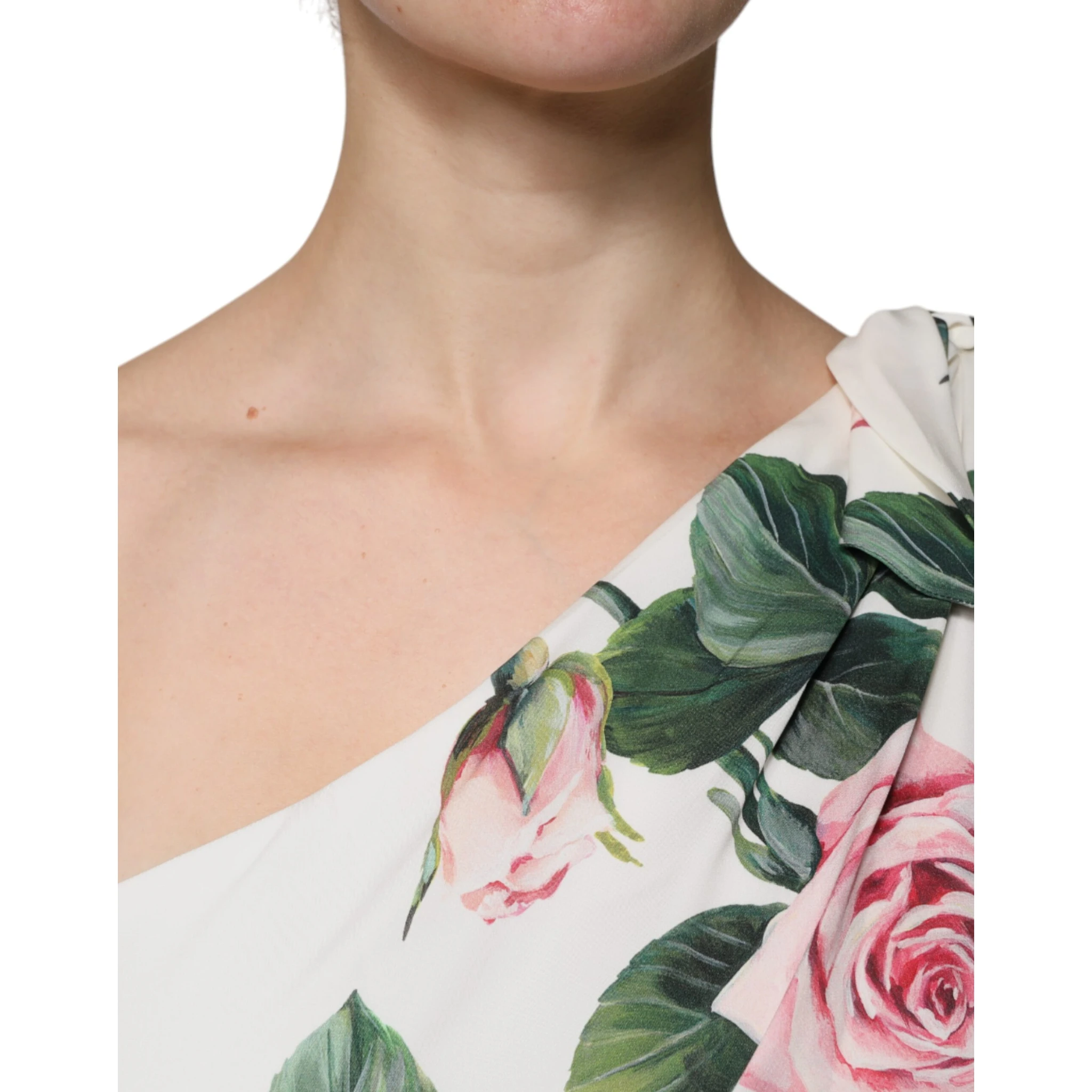 White Floral Silk One Shoulder Midi Dress
