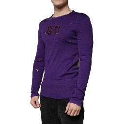 Purple Cotton Round Neck Pullover Men Sweater