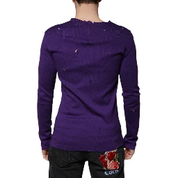 Purple Cotton Round Neck Pullover Men Sweater