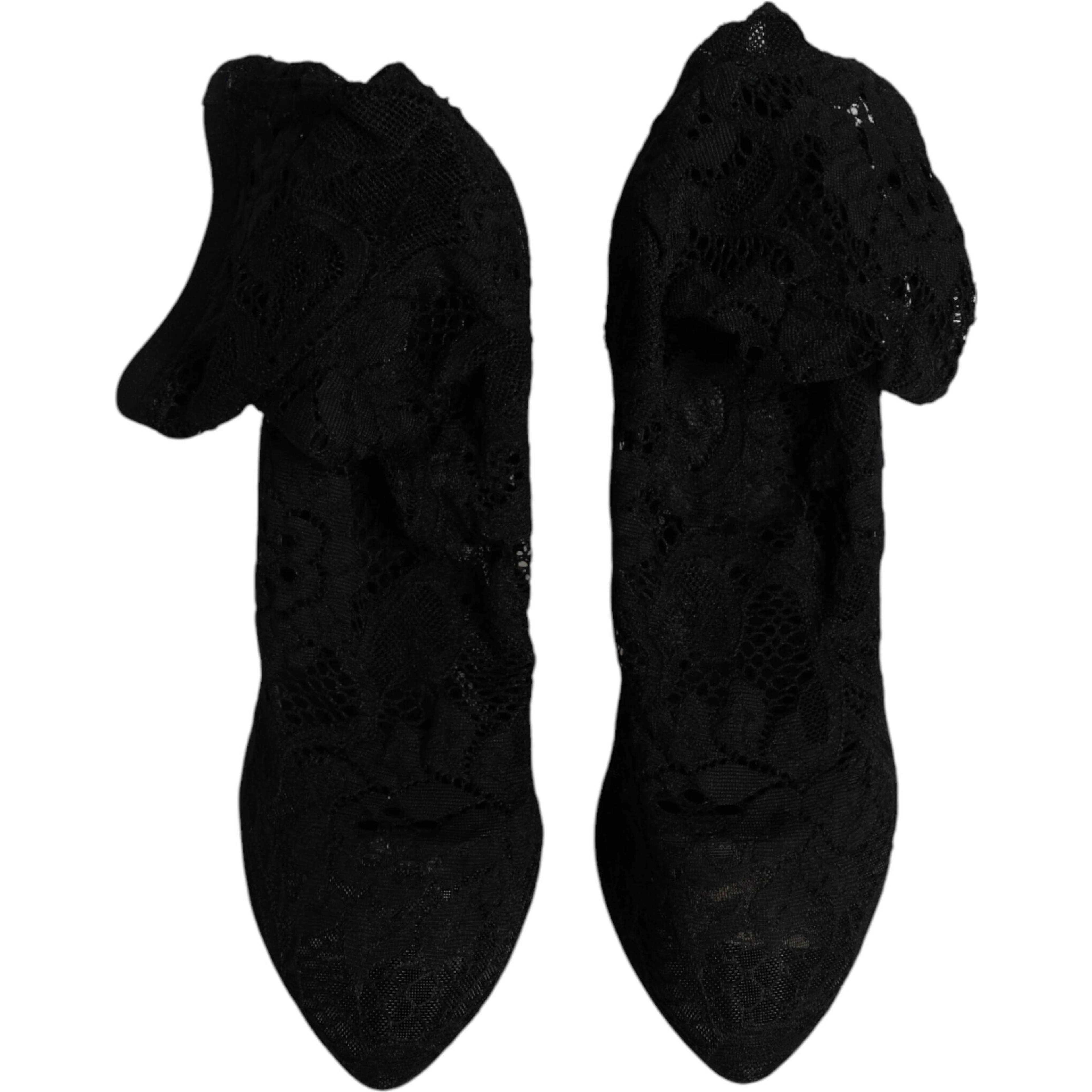 Black Lace Stretch Heels Mid Calf Boots Shoes