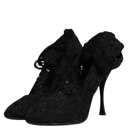 Black Lace Stretch Heels Mid Calf Boots Shoes