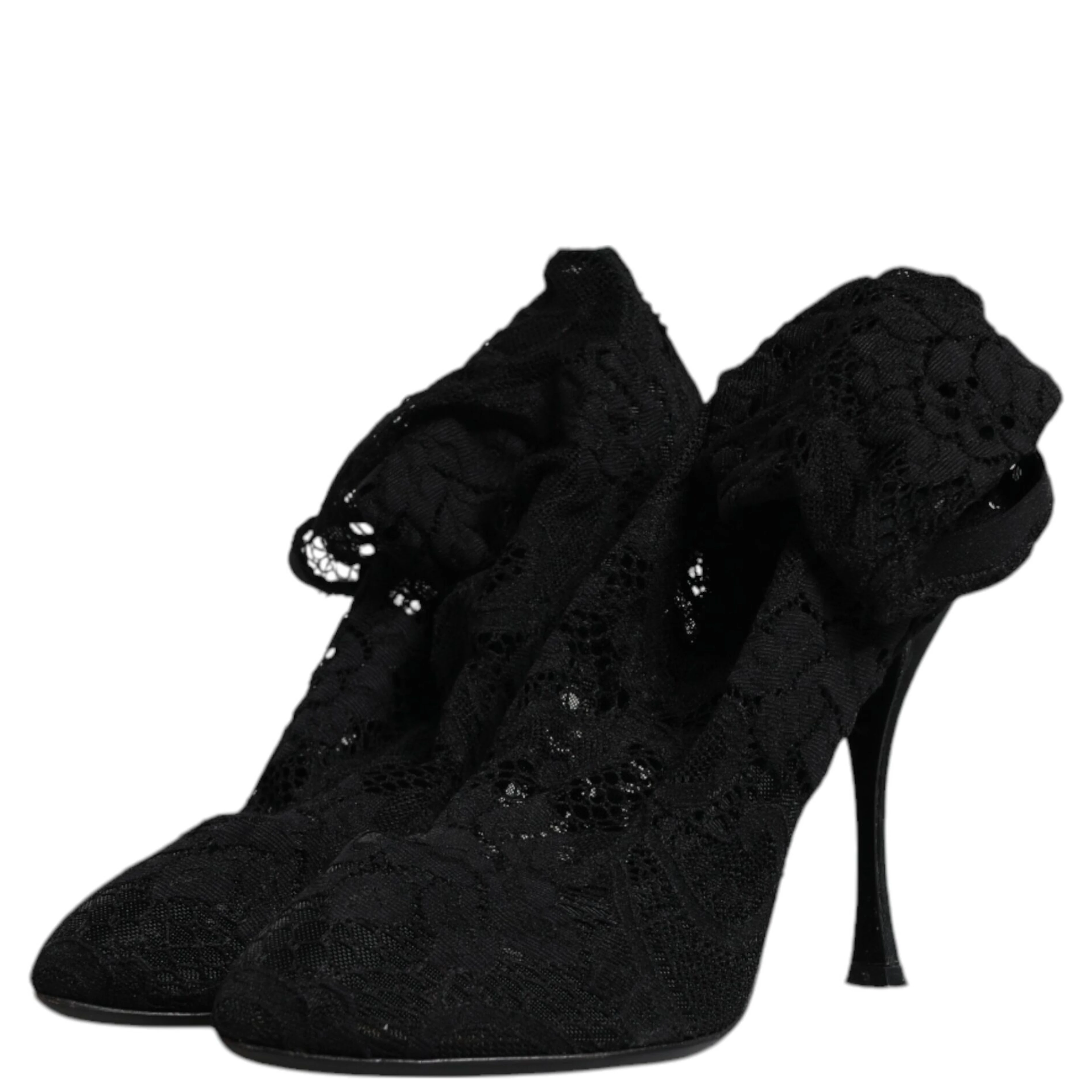 Black Lace Stretch Heels Mid Calf Boots Shoes