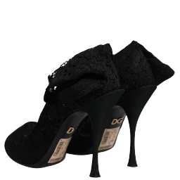 Black Lace Stretch Heels Mid Calf Boots Shoes