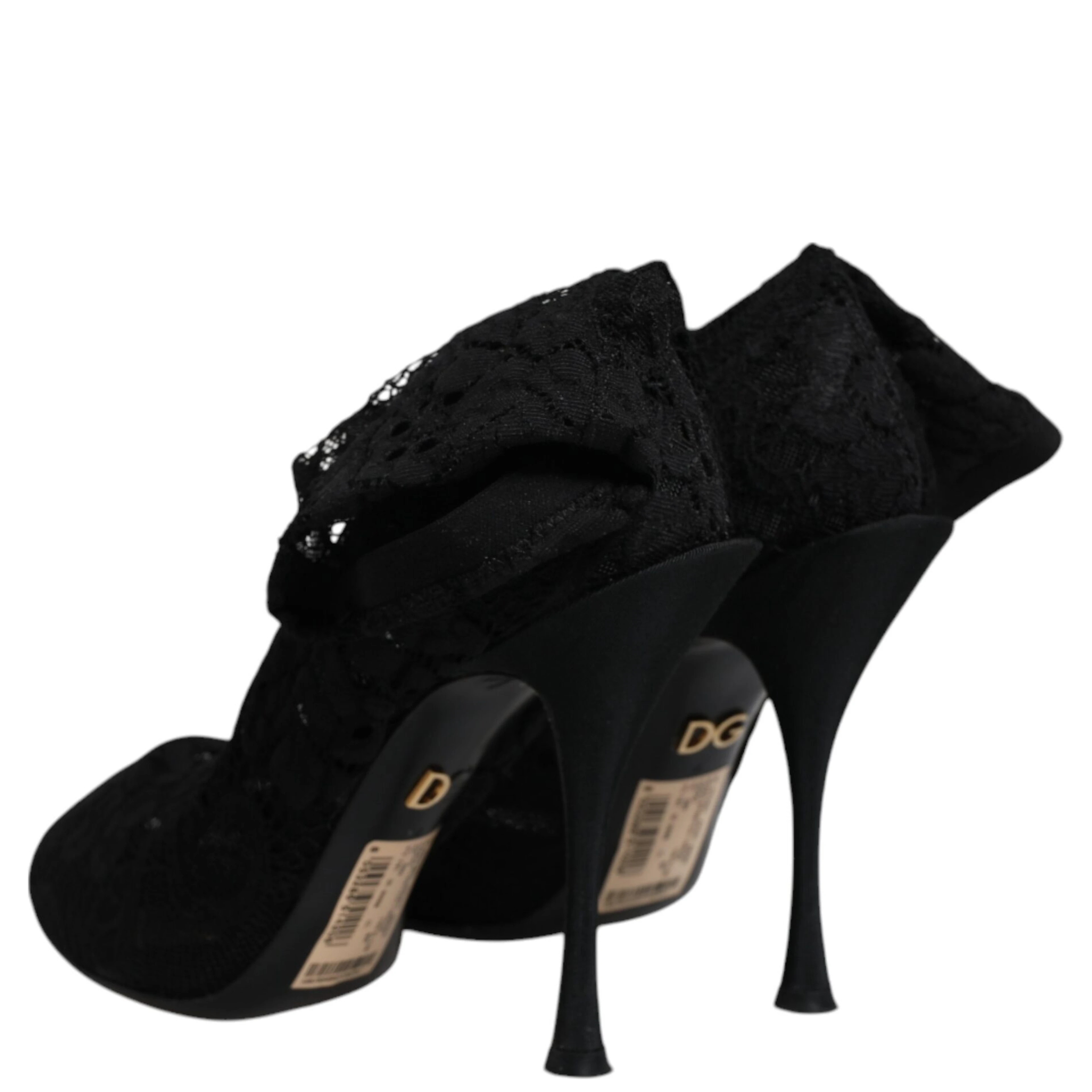 Black Lace Stretch Heels Mid Calf Boots Shoes