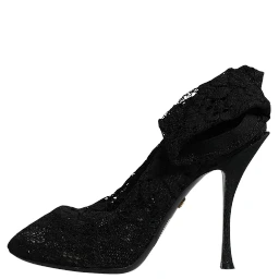 Black Lace Stretch Heels Mid Calf Boots Shoes