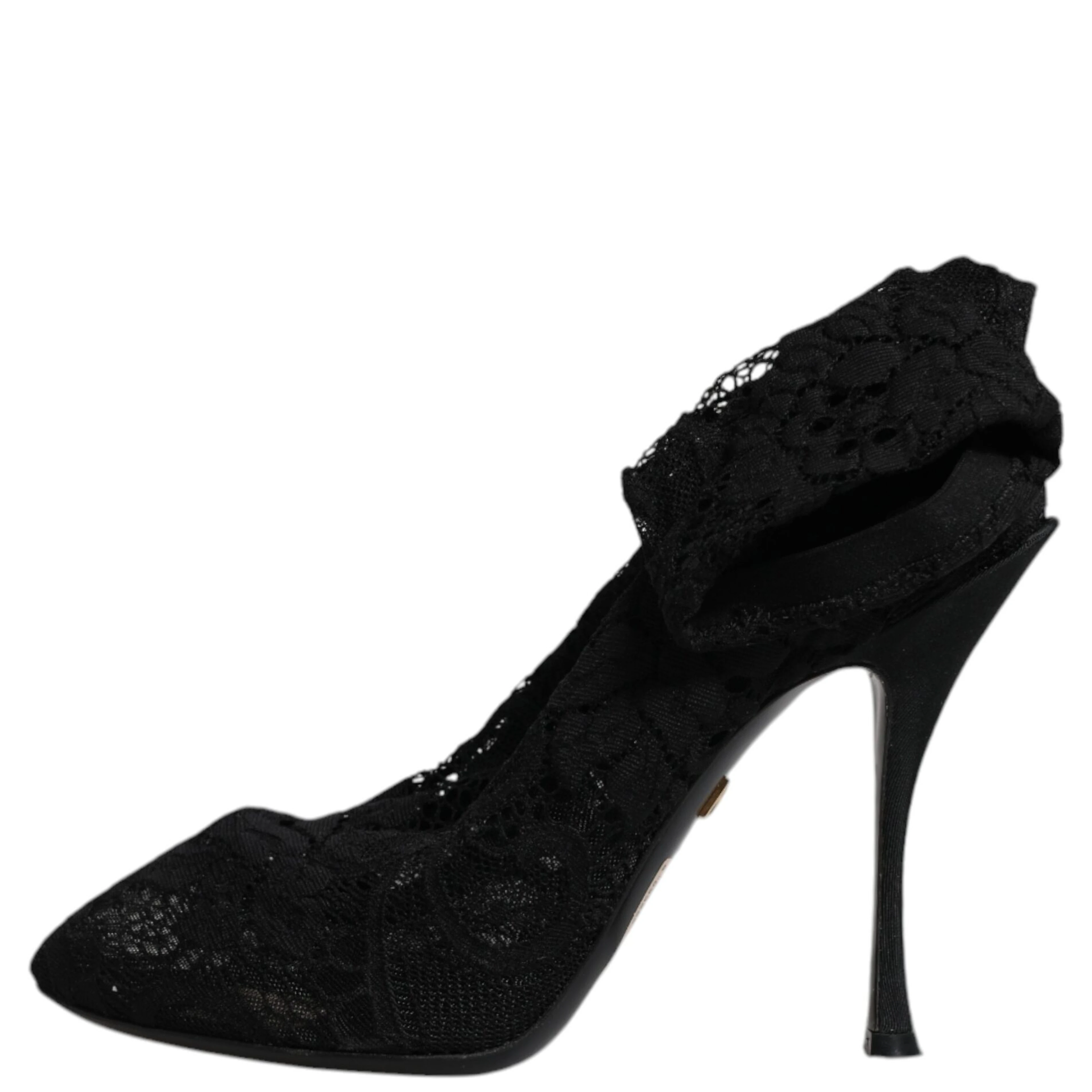 Black Lace Stretch Heels Mid Calf Boots Shoes