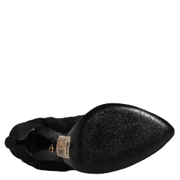 Black Lace Stretch Heels Mid Calf Boots Shoes