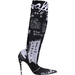 Black Logo Stretch Heels High Boots Shoes