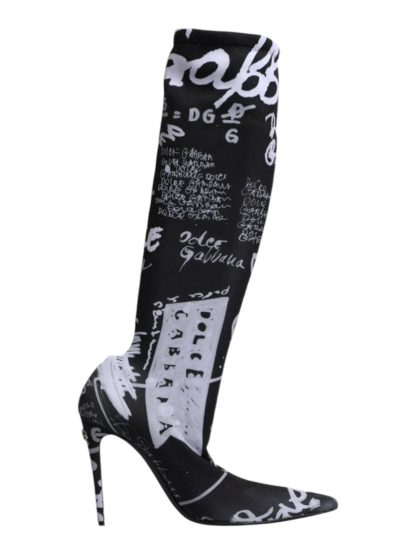 Black Logo Stretch Heels High Boots Shoes