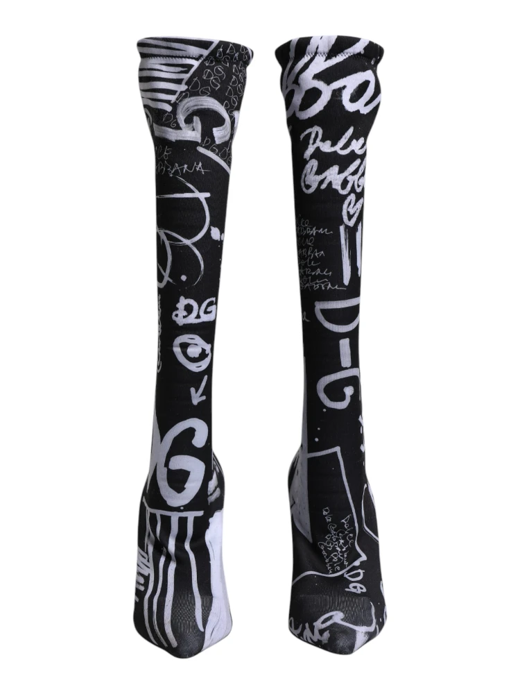Black Logo Stretch Heels High Boots Shoes alternative