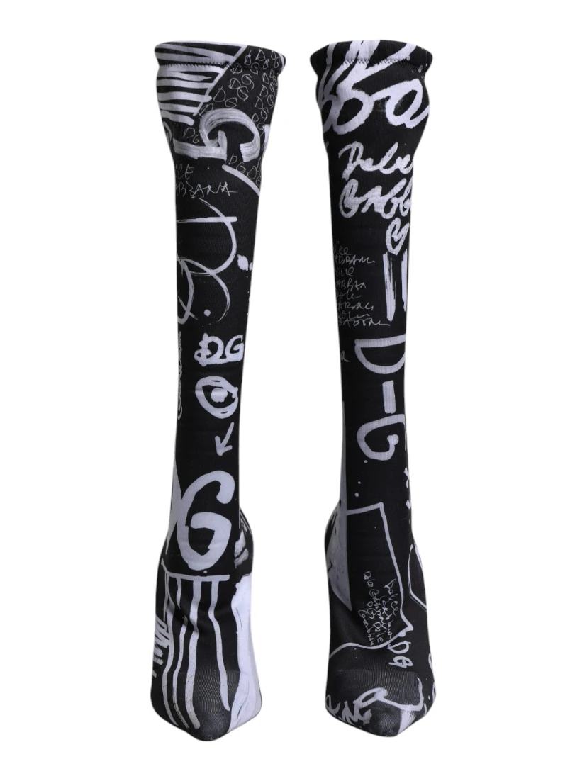 Black Logo Stretch Heels High Boots Shoes