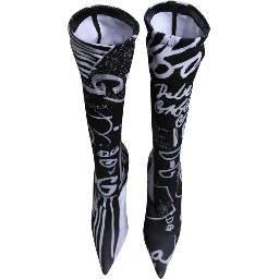 Black Logo Stretch Heels High Boots Shoes