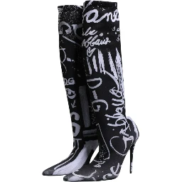 Black Logo Stretch Heels High Boots Shoes