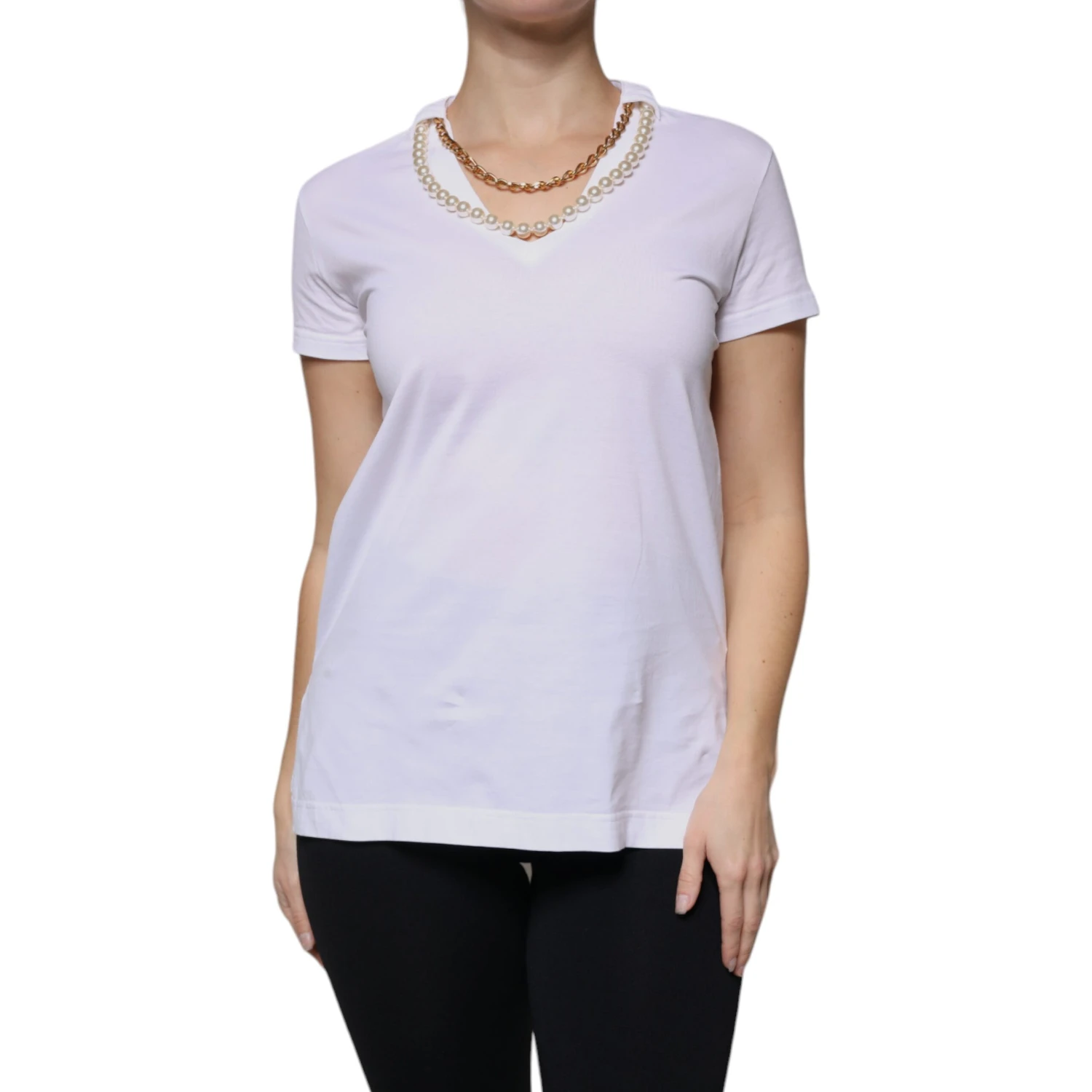 White Cotton Necklace Chain Short Sleeves T-shirt