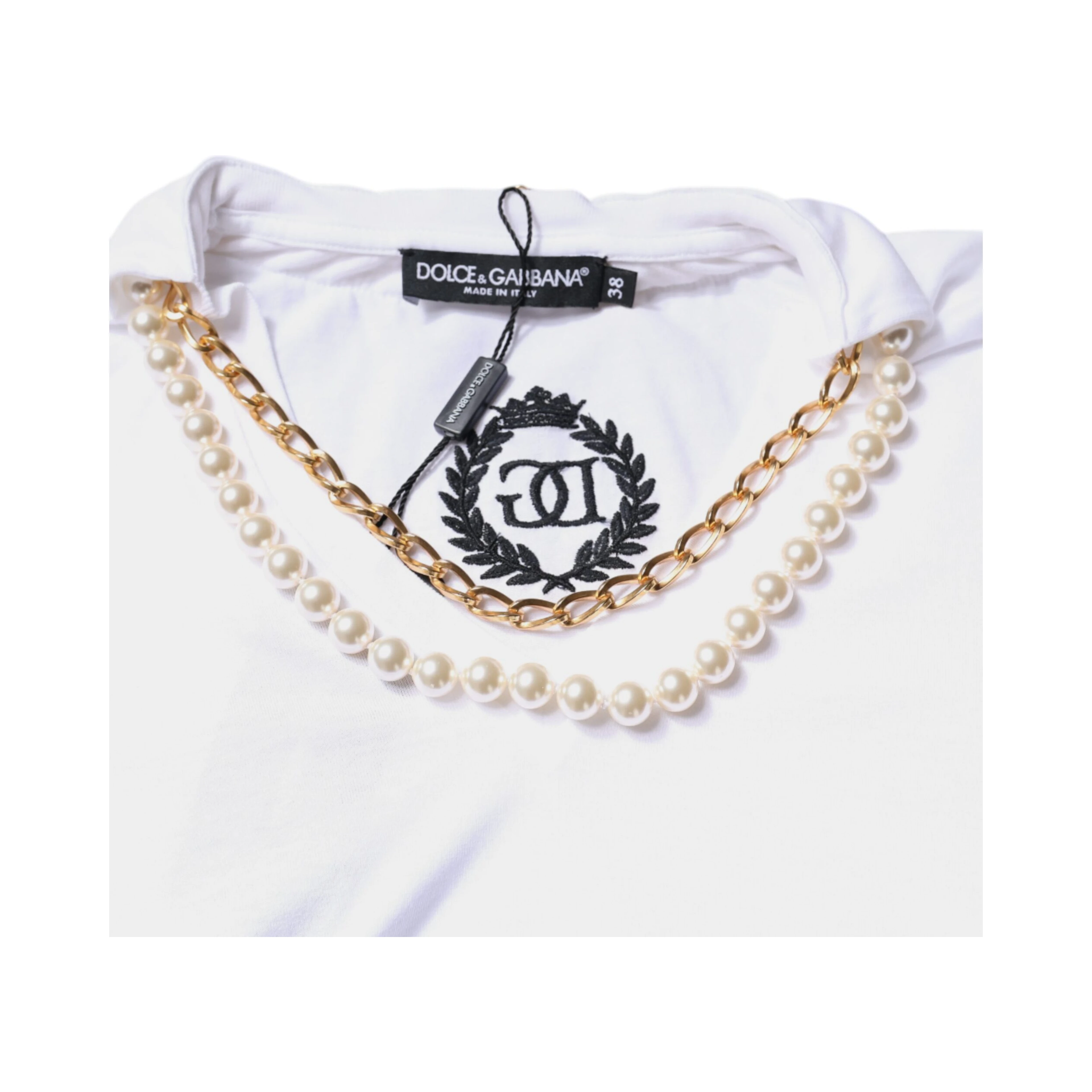 White Cotton Necklace Chain Short Sleeves T-shirt